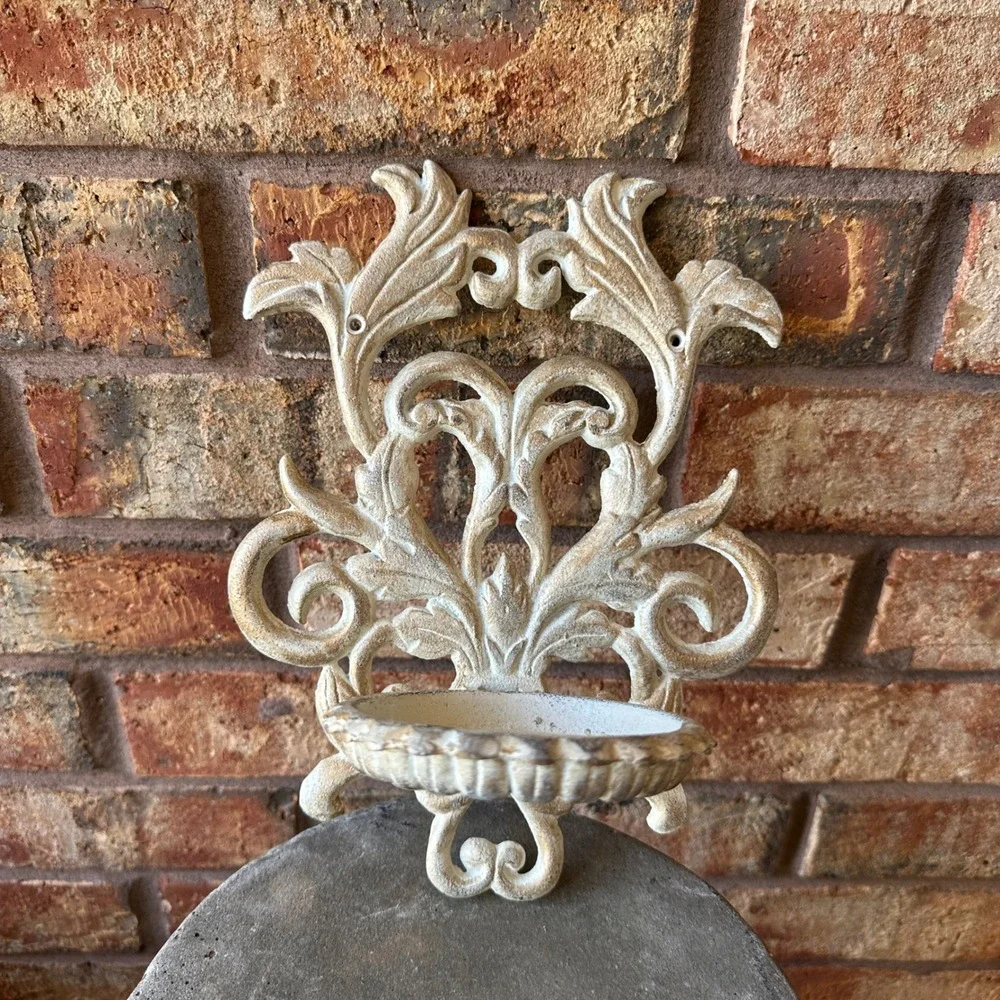 Vintage Ornate Cast Iron Wall Sconce Candle Holder Shabby Chic White Gold Metal